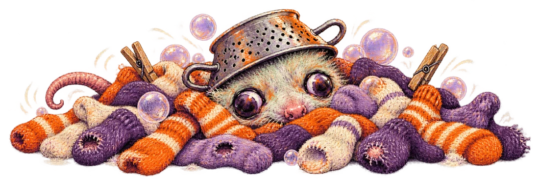 A colander-wearing possum hiding inside an enormous pile of mismatched orange and purple socks